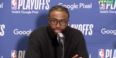 Jaylen Brown is seen wearing Tom Ford TF5960-B 001 Blue Control square glasses in a press conference