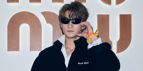 Hong Kong singer and actor Jeffrey Ngai was seen wearing black Miu Miu MU A02S 19Y10K sunglasses at a Miu Miu store event in September 2024.