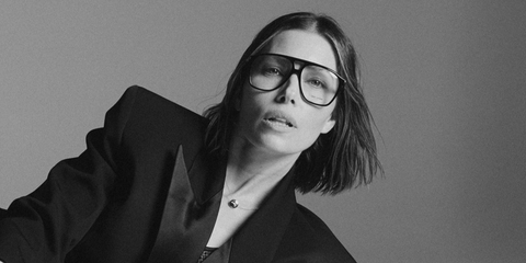 Jessica Biel was seen wearing black Saint Laurent SL 596 Dune Opt 001 glasses in a Marie Claire UK feature, June 2025.