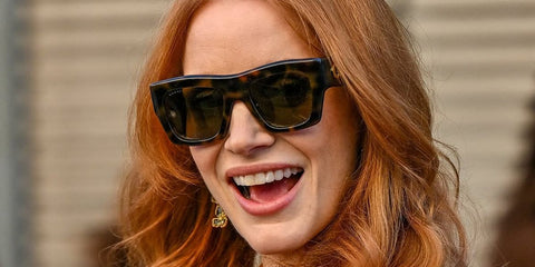 Jessica Chastain was seen wearing tortoise Gucci GG1772S 007 square sunglasses with brown lenses at the Zimmermann Fall/Winter 2026 fashion show during Paris Fashion Week.