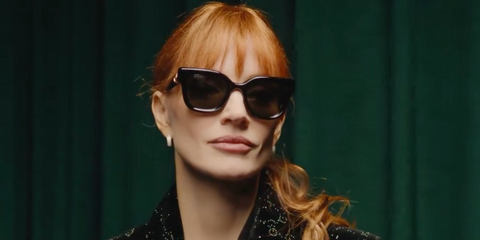 Jessica Chastain was seen wearing black Gucci GG1828S 001 square sunglasses to attend the Gucci Fall/Winter 2025 fashion show during Milan Fashion Week