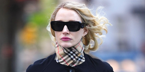 Jessica Chastain was seen wearing black Prada PR B18S 16K08Z Symbole sunglasses in New York City, May 2026.