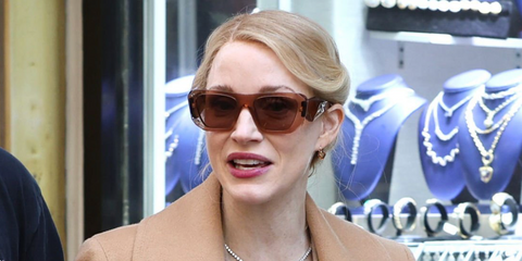 Jessica Chastain was seen wearing transparent brown Prada PR B18S 28E90Q Symbole sunglasses on the set of "Off Weeks" in New York City, May 2026.