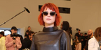 Irish actress Jessie Buckley was seen wearing shiny gold Loewe Metal LW40115U 30A cat eye sunglasses to attend the Loewe Spring/Summer 2024 fashion show during Paris Fashion Week