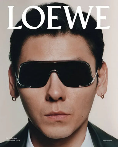 Chinese actor Jiang Qiming was seen wearing silver Loewe Signature LW40193U 16A sunglasses in the Loewe Fall/Winter 2025/2026 campaign, shot by Arnaud Lajeunie.