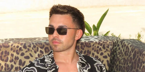 Content creator and television personality Joe Baggs was seen wearing black Diesel DL1002 109/87 rectangular sunglasses in Ibiza, shared through his Instagram post in August 2025.