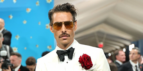 Spanish actor and model Jon Kortarajena was seen wearing gold Tom Ford Stavros TF1204 30E sunglasses with yellow lenses at the Met Gala 2025.