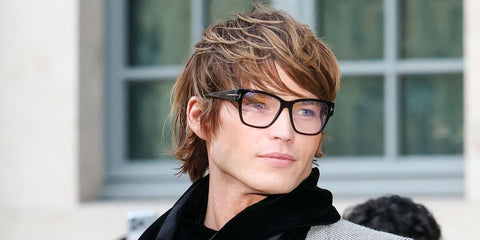 Model Jordan Barrett was seen wearing black Tom Ford TF5745-B 001 Blue Control square optical glasses at the Tom Ford Spring/Summer 2026 fashion show during Paris Fashion Week. Shop online now on Pretavoir