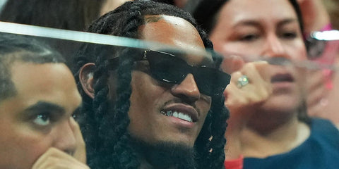 Basketball player Jordan Clarkson of the New York Knicks was seen wearing black Saint Laurent Sun SL M126 001 sunglasses at the US Open 2026 Fan Week.