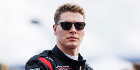 IndyCar racing driver Josef Newgarden was seen wearing black Oakley Pitchman R OO9439 01 Prizm sunglasses at Daytona International Speedway in Florida, January 2024.