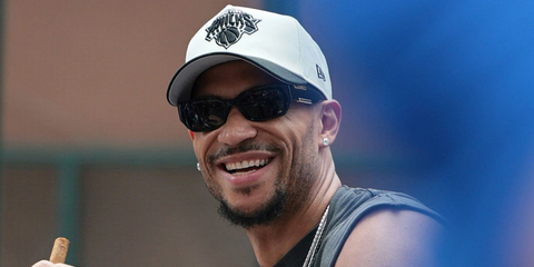 Basketball player Josh Hart was seen wearing black Bottega Veneta BV1406S 001 sunglasses at the New York Knicks Championship Parade & Ceremony celebrating 2026 NBA finals.