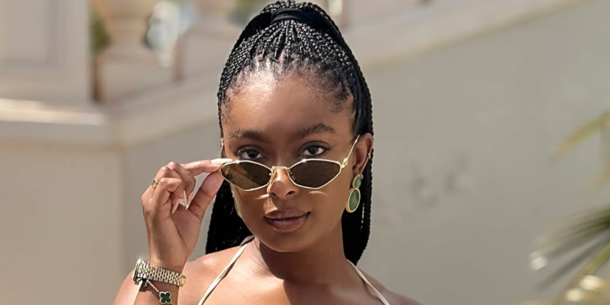 Internet personality Jourdan Riane was seen wearing gold Miu Miu MU 56ZS 5AK09Z sunglasses in her Instagram post, June 2025.