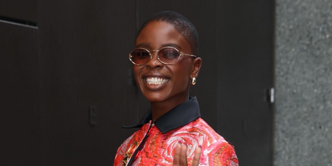 Joy Sunday was seen wearing gold Miu Miu MU 52YS 5AK06S oval sunglasses with brown to violet gradient lenses while promoting Netflix's Wednesday season 2 in New York City. Shop online now on Pretavoir