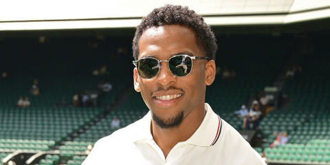 Dutch footballer Jurrien Timber was seen wearing silver Saint Laurent SL 747 002 sunglasses at the Wimbledon Tennis Championships 2025.