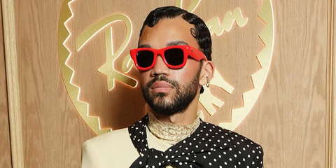 Actor Justice Smith was seen wearing red Ray-Ban Wayfarer Puffer RB 4940 6831/87 sunglasses at the ASAP Rocky's Met Gala 2025 afterparty