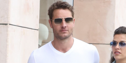 Actor Justin Hartley was seen wearing gold Oliver Peoples Dresner OV1320ST 5292/BH sunglasses with green gradient lenses in Beverly Hills, June 2023. Shop online now on Pretavoir
