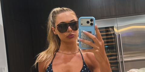 Dutch speed skater Jutta Leerdam was seen wearing gold Bottega Veneta Long Ribbon BV1478S 003 shield sunglasses in her Instagram post, July 2026