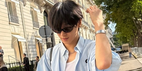 Juyeon, South Korean singer of K-pop group The Boyz, was seen wearing Balenciaga BB0007S 013 'Neo Round' sunglasses with brown lenses in Paris, July 2025. Shop online now on Pretavoir