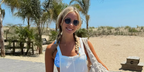 Internet personality Katie Feeney was seen wearing gold Ray-Ban RB 3548N 001 Hexagonal Gold With Flat Lenses sunglasses in her Thread post, July 2024.