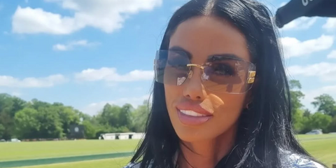 Media personality Katie Price was seen wearing Miu Miu Rimless Runway MU 54YS 5AK06I shield sunglasses in her Instagram post, May 2025