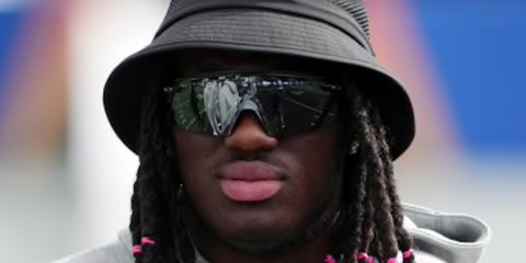 American football player Kelvin Harrison Jr. of the Arizona Cardinals was seen wearing black Oakley Encoder Strike Vented OO9235 01 Prizm sunglasses.