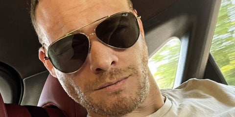 Turkish-American actor Kerem Bursin was seen wearing gold Ray-Ban Aviator Reverse RB R0101S 001/VR sunglasses in his Instagram story, June 2025. Shop online now on Pretavoir