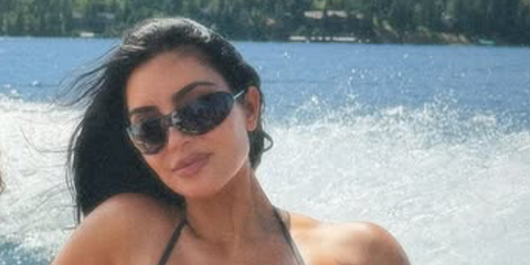 Kim Kardashian was seen wearing black Tom Ford Brady-02 TF1396 01A shield sunglasses in her Instagram post, July 2026.
