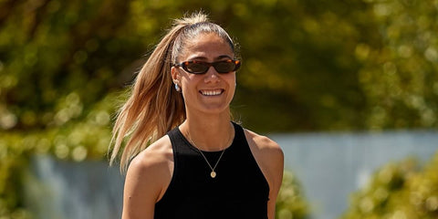Spanish footballer Laia Aleixandri of FC Barcelona Femeni was seen wearing havana tortoiseshell Saint Laurent Sun SL 557 Shade 002 slim sunglasses in her Instagram post, May 2025.