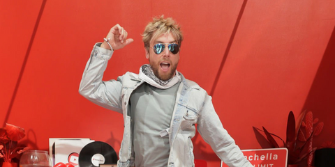 Singer Lance Bass of boy band NSYNC was seen wearing gold Ray-Ban Aviator 3025 112/17 Blue Flash Mirror sunglasses at the YouTube Backstage Studio during day two of  Coachella Music Festival 2026 weekend two