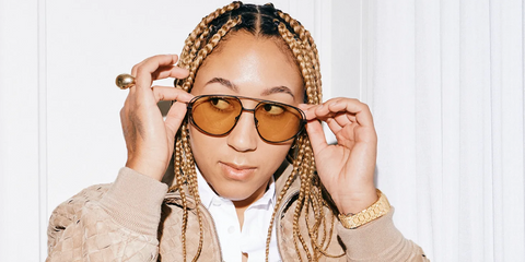 Footballer Lauren James of Chelsea FC was seen wearing black Bottega Veneta BV1344S 002 aviator sunglasses with yellow lenses at the Bottega Veneta Spring/Summer 2026 fashion show during Milan Fashion Week. Shop online now on Pretavoir