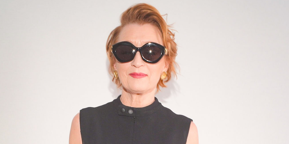 Actress Lesley Manville wore black Loewe Coil LW40204I 01A cat eye sunglasses at the Loewe Spring Summer 2027 show during Paris Fashion Week.