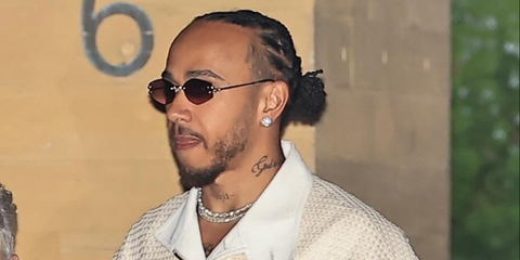 Lewis Hamilton was seen wearing gold Cartier CT0620S 004 rimless sunglasses at Scott Disick's birthday party in Malibu, May 2026.