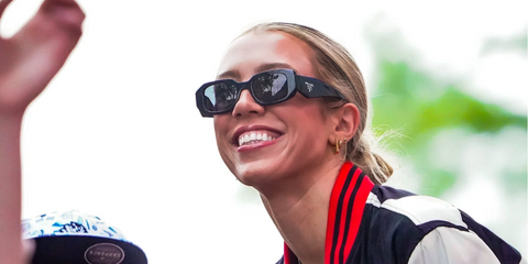 Basketball player Lexie Hull of Indiana Fever was seen wearing black Prada PR 17WS 1AB5S0 Symbole Sunglasses at the red carpet ahead of the 109th running of the Indianapolis 500 at Indianapolis Motor Speedway, May 2025. Shop online now on Pretavoir