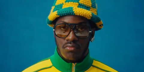 French rapper Lil Yachty was seen wearing black Bottega Veneta BV1274S 002 aviator sunglasses with yellow lenses in his Instagram reel, June 2025.
