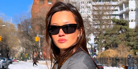 Actress Lily Chee was seen wearing ASAP Rocky Blacked Out Collection Ray-Ban Mega Balorama RB 2289 6826/J5 sunglasses in her Instagram post, December 2025.