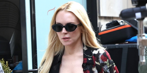 Lindsay Lohan was seen wearing black Gucci GG1579S 001 round sunglasses on the set of new Hulu series Count My Lies in Brooklyn, New York City, April 2026