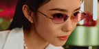 Chinese actress Liu Haocun was seen wearing gold Miu Miu MU A54S ZVN70O rimless oval sunglasses with red gradient lenses in the Miu Miu Lunar New Year 2025 campaign.