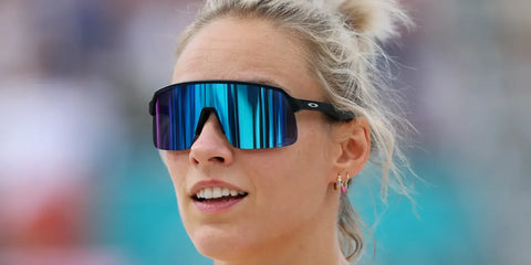German volleyball player Louisa Lippmann was seen wearing matte black Oakley Sutro Lite S OO9496 05 Prizm sunglasses at the Paris Olympics 2024.