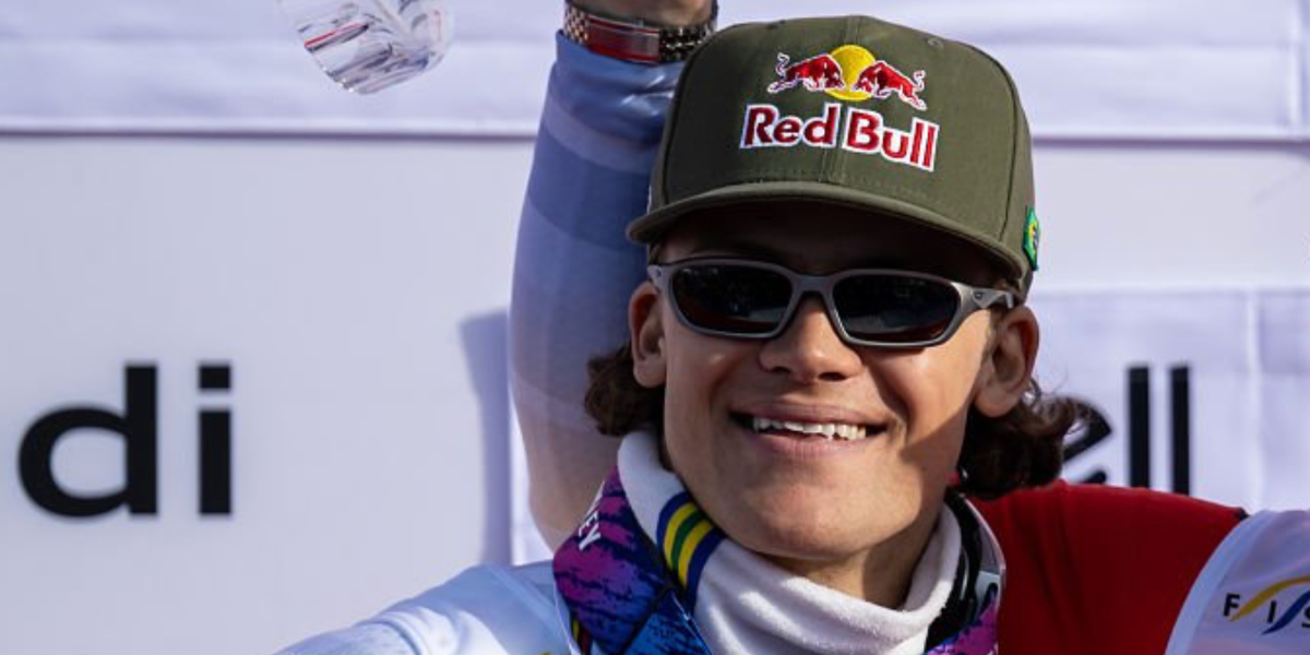 Norwegian-Brazilian alpine ski racer Lucas Pinheiro Braathen was seen wearing grey titanium Oakley Terraforma OO9530 05 Prism Polarised sunglasses during the award ceremony as he won second at the Audi FIS Alpine Ski World Cup, March 2026