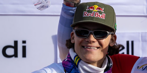 Norwegian-Brazilian alpine ski racer Lucas Pinheiro Braathen was seen wearing grey titanium Oakley Terraforma OO9530 05 Prism Polarised sunglasses during the award ceremony as he won second at the Audi FIS Alpine Ski World Cup, March 2026