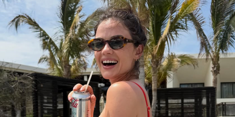 Lucy Hale was seen wearing tortoise Saint Laurent SL 567 002 sunglasses during her birthday trip to Los Cabos, June 2026
