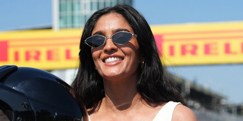 Actress and singer Mandeep Dhillon was seen wearing Miu Miu MU 56ZS ZVN5S0 sunglasses with grey lenses at the F1 Grand Prix of Italy, Monza, September 2026.