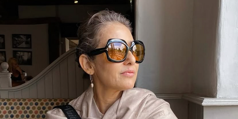 Bollywood actress Manisha Koirala was seen wearing black Tom Ford Ren TF1155 01E butterfly sunglasses with yellow lenses in her Instagram post, July 2025.