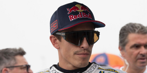 Spanish motorcycle road racer Marc Marquez was seen wearing black Oakley Latch Panel OO9404 03 Prizm sunglasses with tungsten lenses at the MotoGP Of San Marino, September 2024. Shop online now on Pretavoir