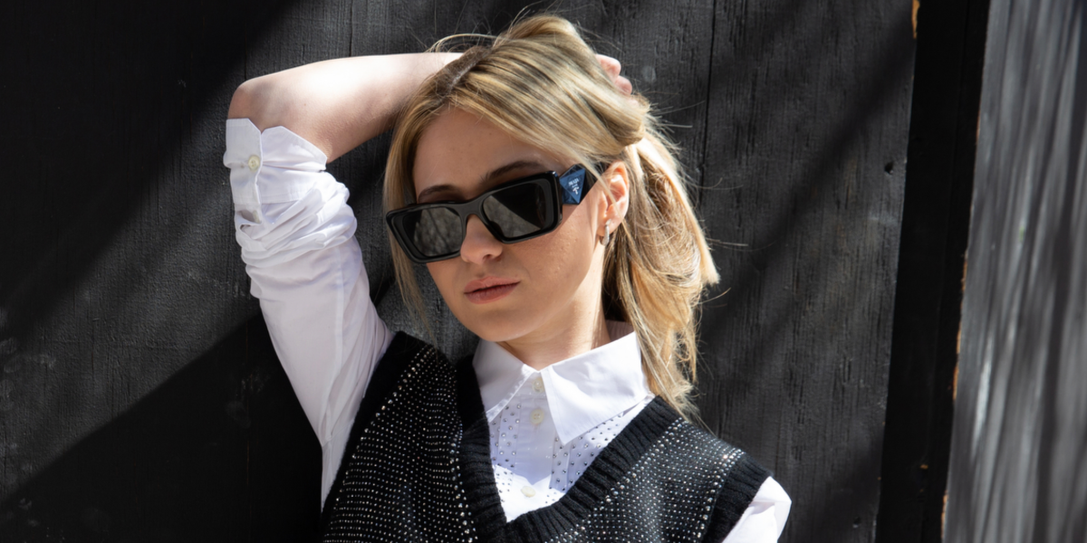 Bulgarian actress Maria Bakalova was seen wearing black Prada PR 08YS 1AB5S0 Symbole Sunglasses at the SXSW 2022.