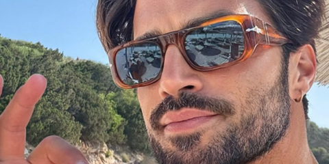 Italian fashion blogger Mariano Di Vaio was seen wearing tera di siena Persol 3362S 96/56 sunglasses with blue lenses in his Instagram reel, June 2025. Shop online now on Pretavoir