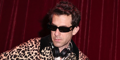 DJ Mark Ronson was seen wearing black Valentino Vain Bold VG0001S 001 sunglasses while performing at the launching of Kering Eyewear x Maison Valentino in New York City, March 2026.