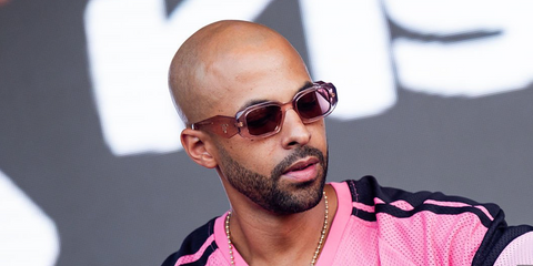 Marvin Humes was seen wearing transparent pink Prada PR 17WS 13R07Q Symbole sunglasses with pink lenses while DJ-ing at KISSTORY on Blackheath in July 2026