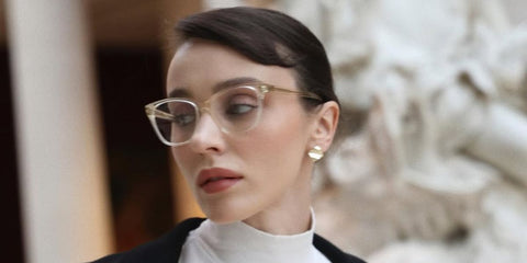 Mary Leest was seen wearing crystal transparent Burberry Evelyn BE2375 3024 cat eye optical glasses in her Instagram post