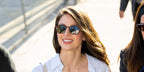 Actress Melissa Benoist was seen wearing Oliver Peoples Finley Esq. Sun OV5298SU 1454/O9 Matte Sable sunglasses with Tortoise/Green Mirror Gold Polarised VFX lenses outside Jimmy Kimmel Live! studios in Los Angeles, April 2024